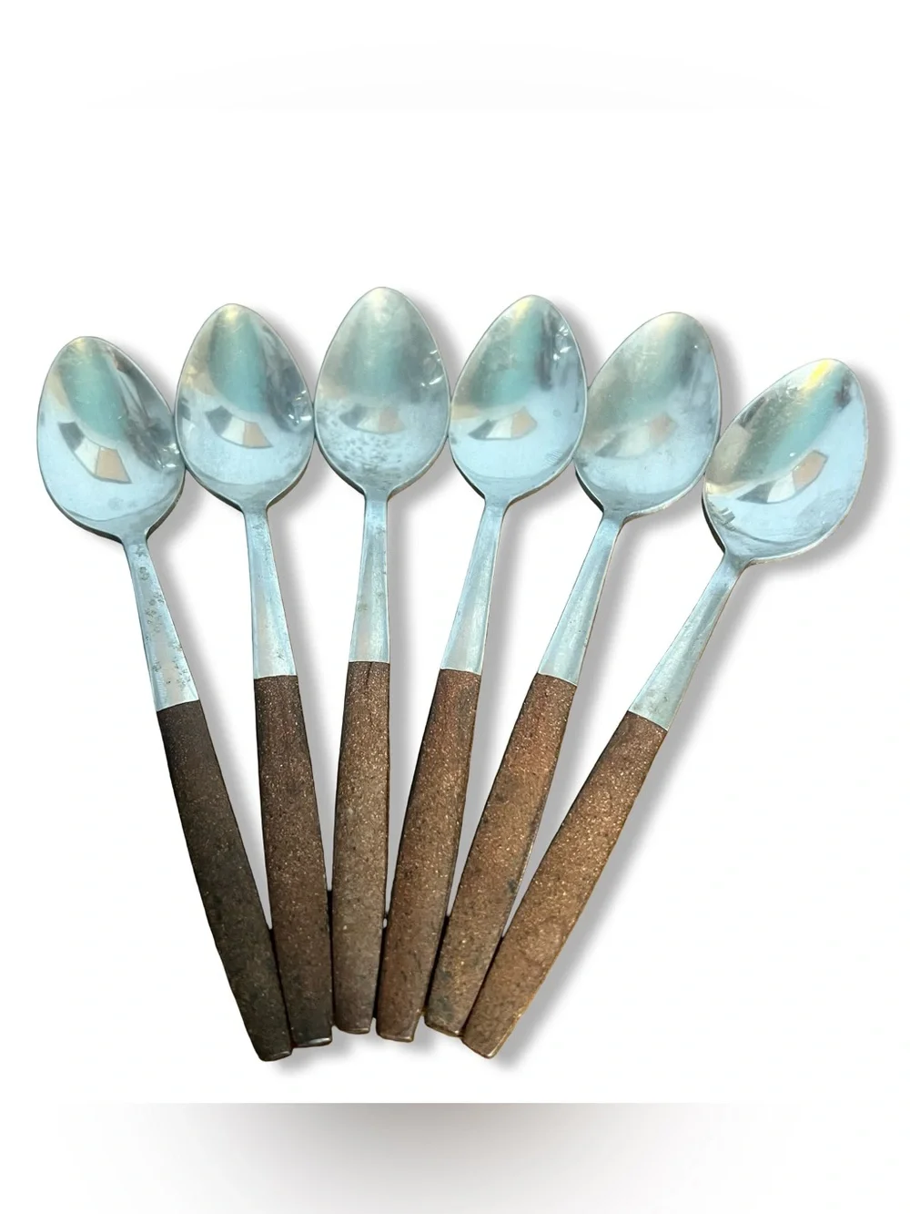MCM Mid-Century Interpur Stainless Steel Spoon Brown Wood Handles Japan Set of 6